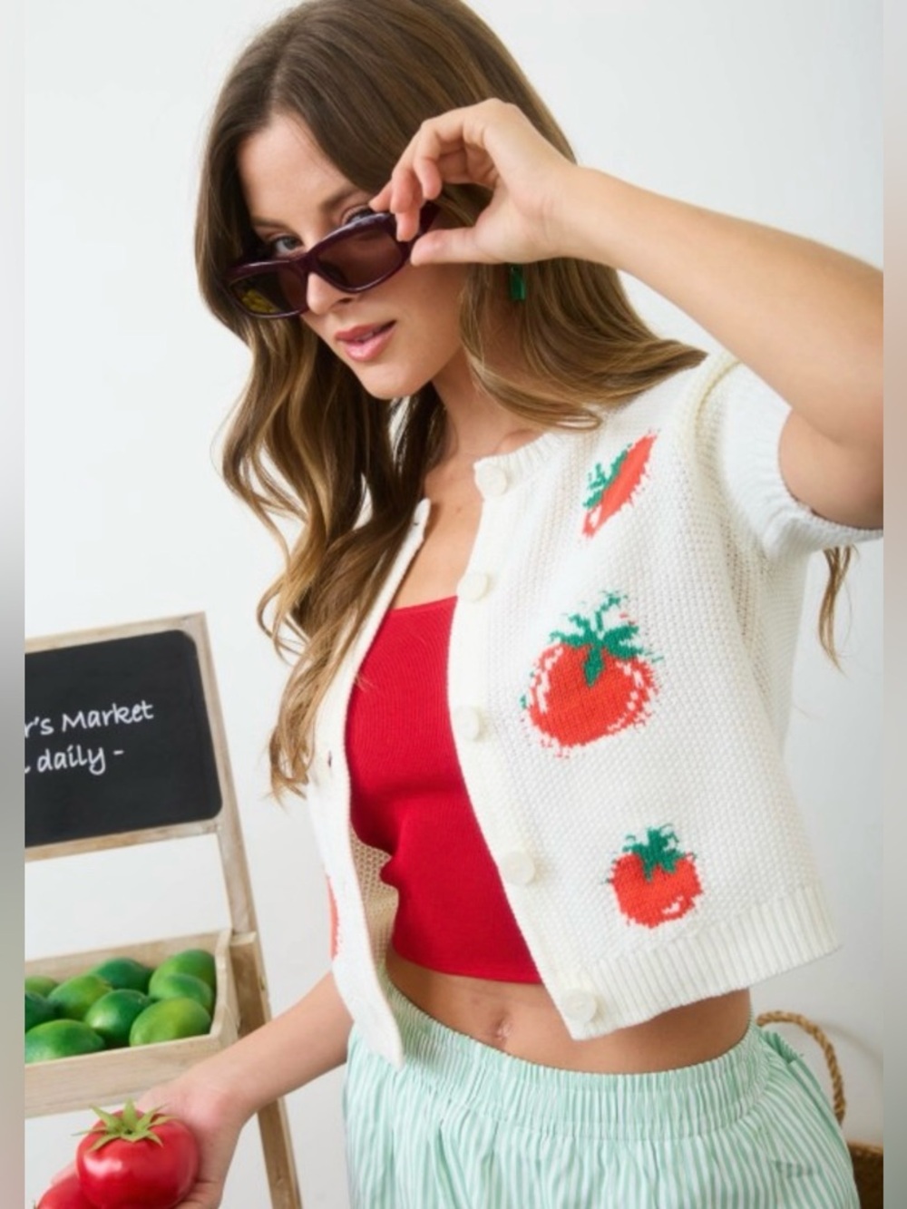 White Cropped Cardigan with Red Tomato Motif